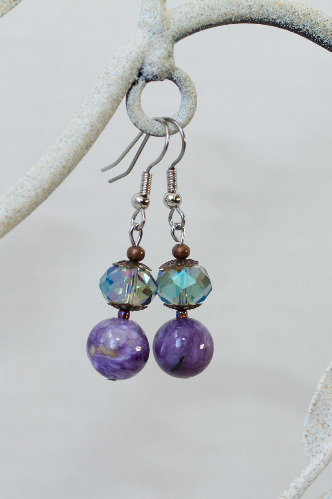 Purple Charoite, Crystal & Copper Dangle Earrings - My Urban Gems