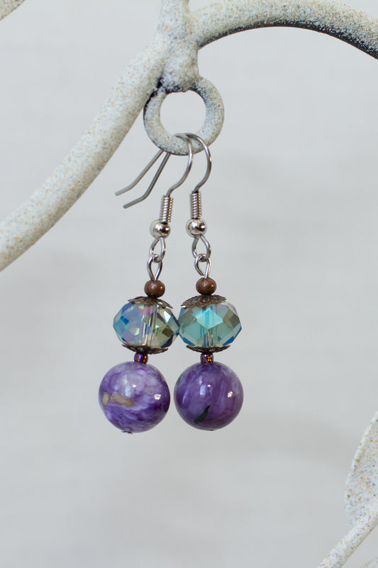 Purple Charoite, Crystal & Copper Dangle Earrings - My Urban Gems