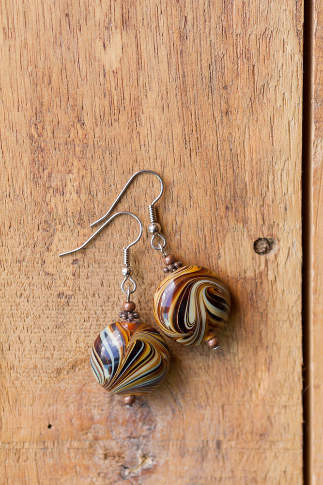 Brown & Cream Art Glass Swirl Dangle Earrings