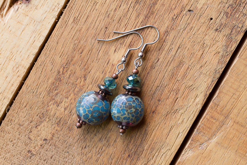 Teal Glass Dangle Earrings with Crystal, Hematite & Copper - My Urban Gems