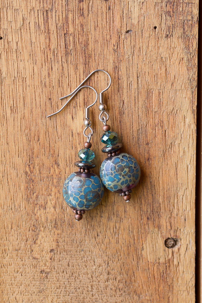 Teal Glass Dangle Earrings with Crystal, Hematite & Copper - My Urban Gems