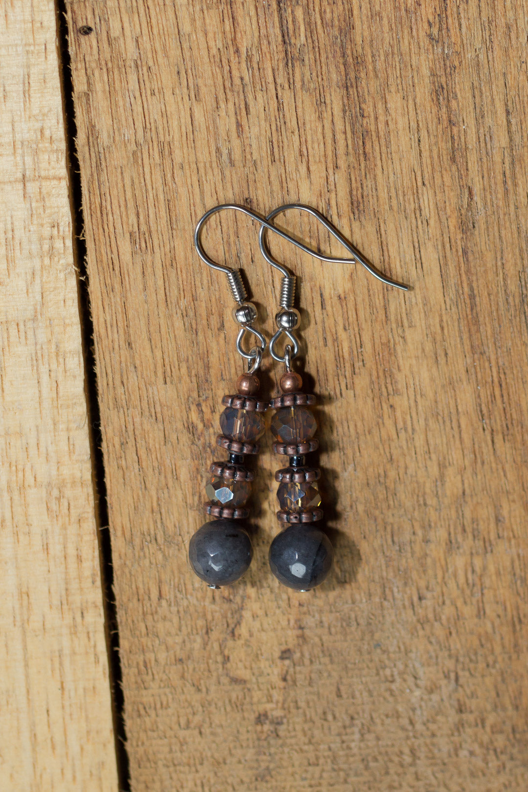 Grey Agate, Crystal & Copper Dangle Earrings