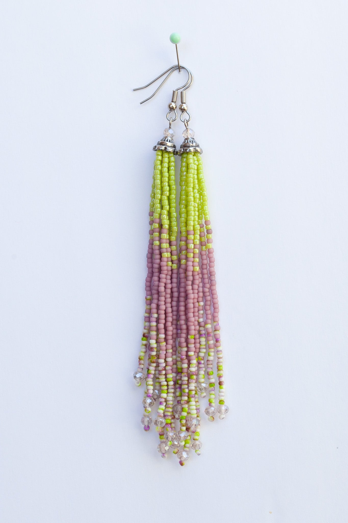 Green & Pink Long Beaded Boho Fringe Earrings