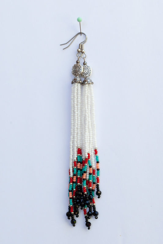 White & Multi Colored Long Boho/Native Style Beaded Fringe Earrings