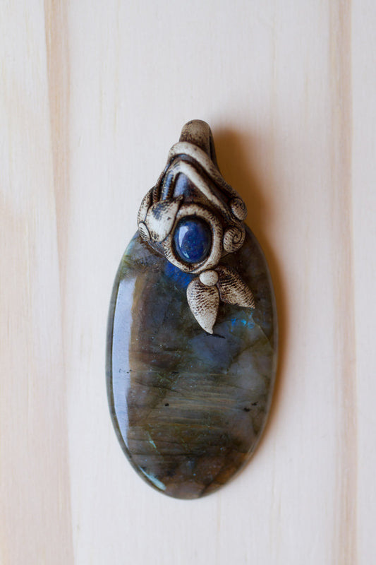 Labradorite Gemstone Polymer Clay Pendant with Blue Lapis - My Urban Gems