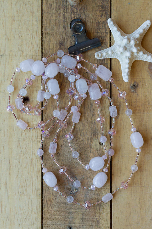 60" Extra Long Beaded Pale Pink Rose Quartz & Crystal Necklace - My Urban Gems