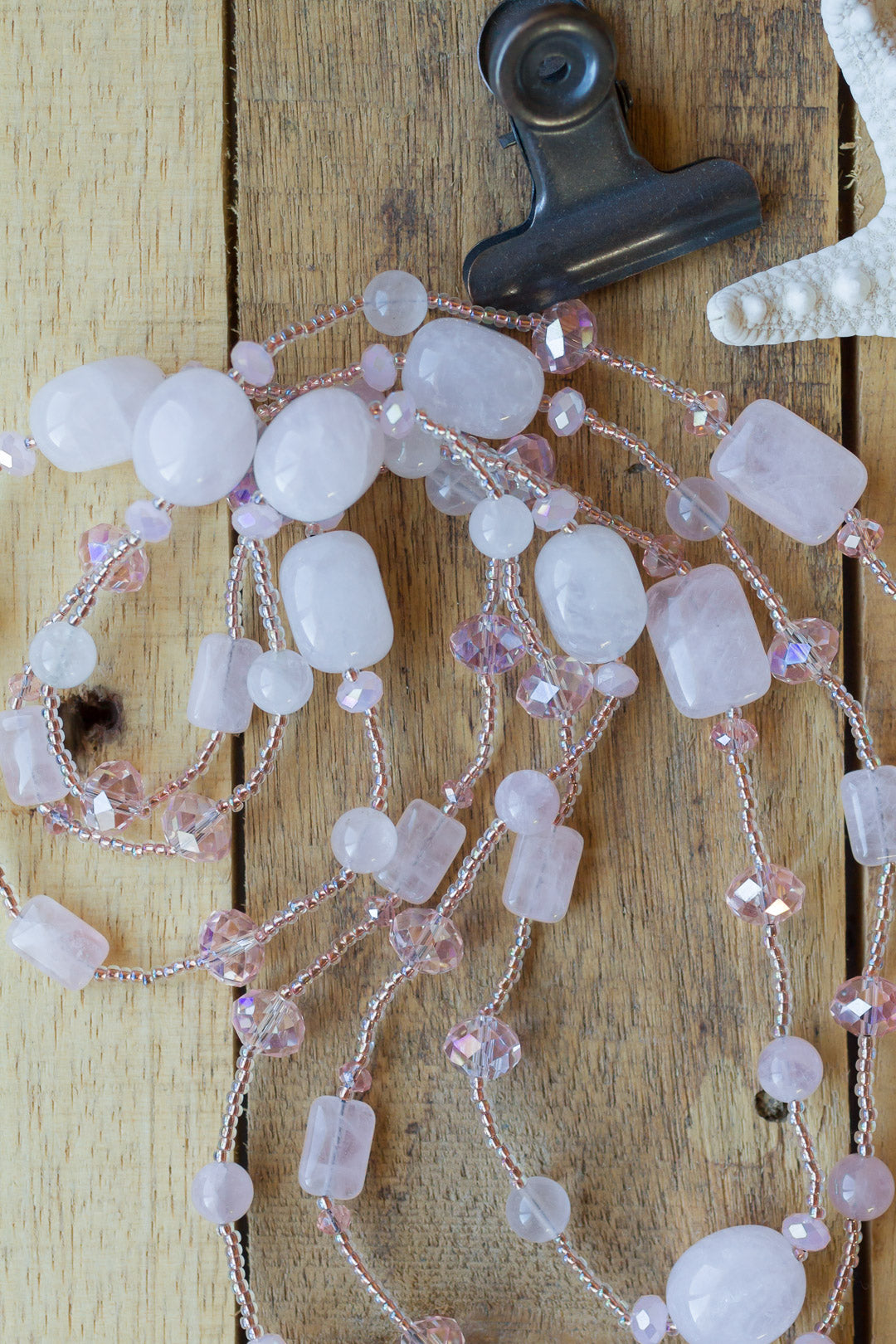 60" Extra Long Beaded Pale Pink Rose Quartz & Crystal Necklace - My Urban Gems