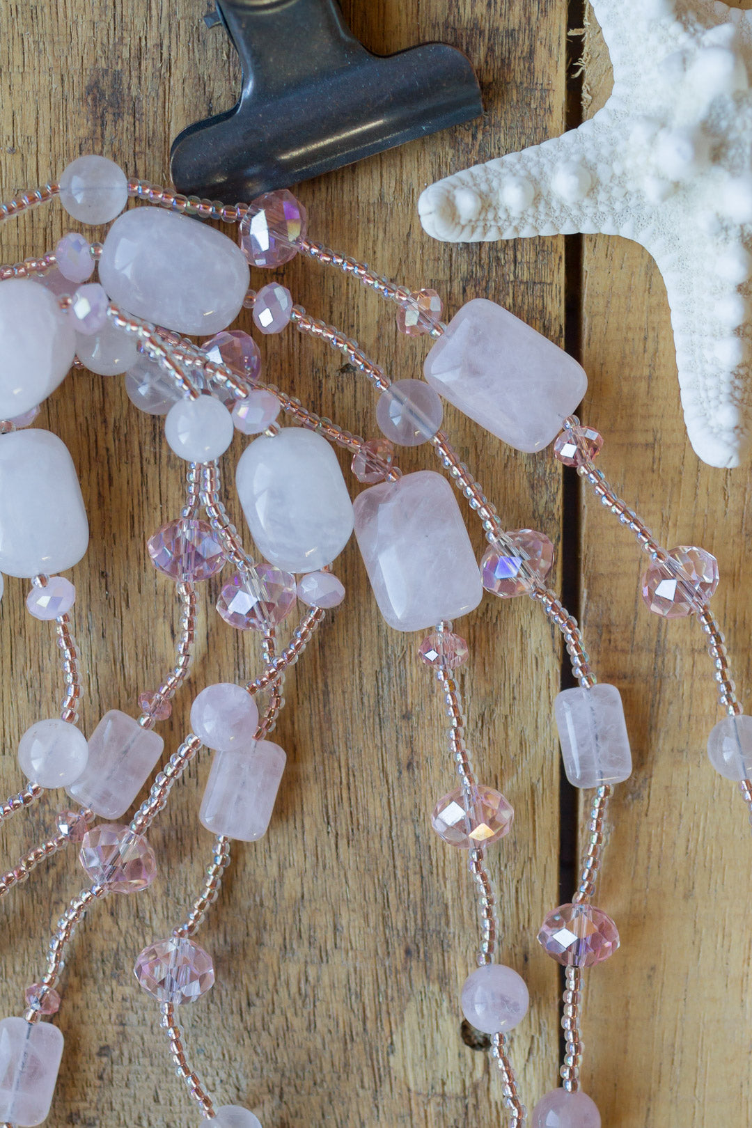 60" Extra Long Beaded Pale Pink Rose Quartz & Crystal Necklace - My Urban Gems