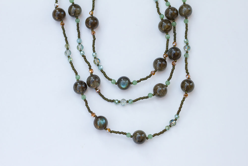 58" Long Green Labradorite & Crystal  Beaded Necklace - My Urban Gems