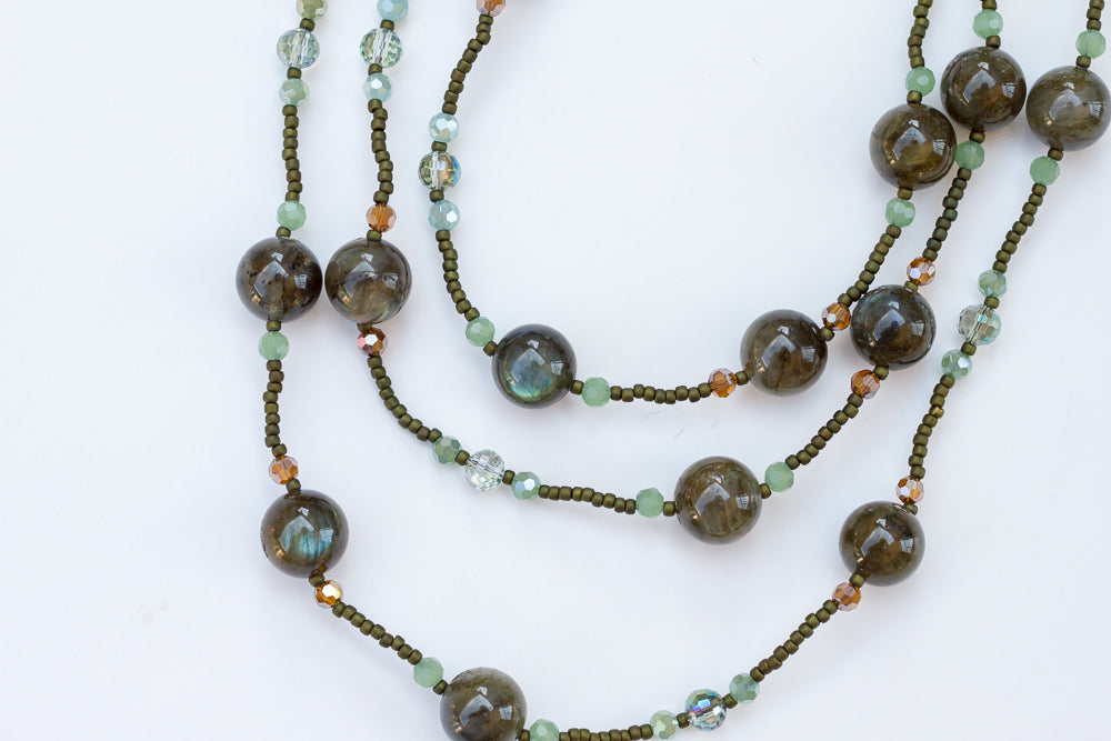58" Long Green Labradorite & Crystal  Beaded Necklace