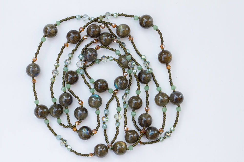 58" Long Green Labradorite & Crystal  Beaded Necklace - My Urban Gems