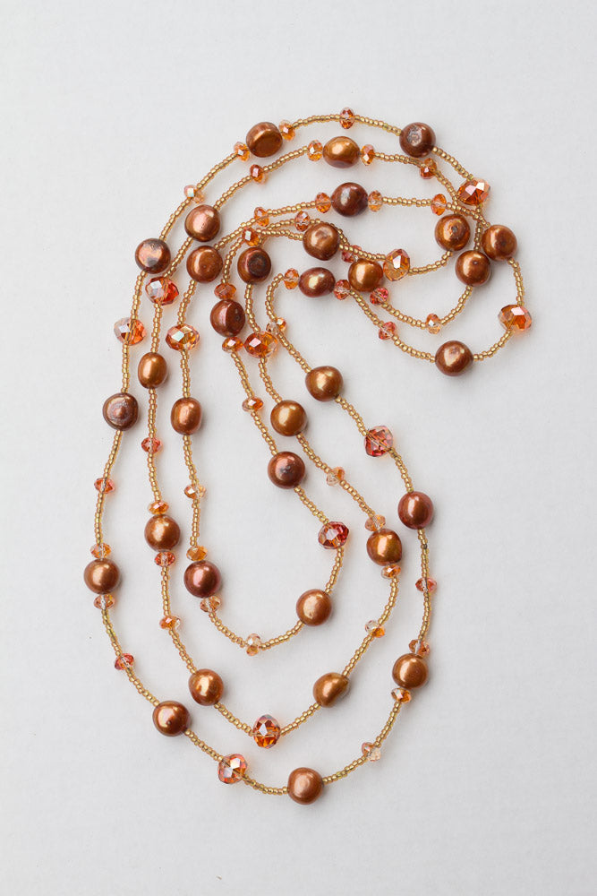 60" Extra Long Wraparound Beaded Copper Freshwater Pearl & Crystal Necklace