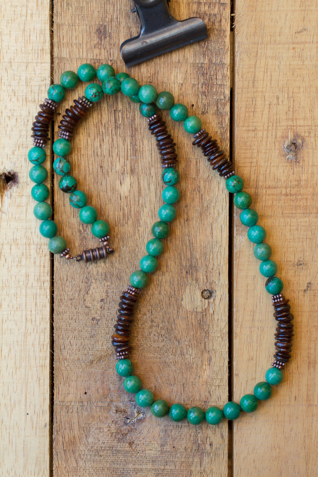 22" Green Turquoise, Brown Shell & Copper Unisex Beaded Necklace - My Urban Gems