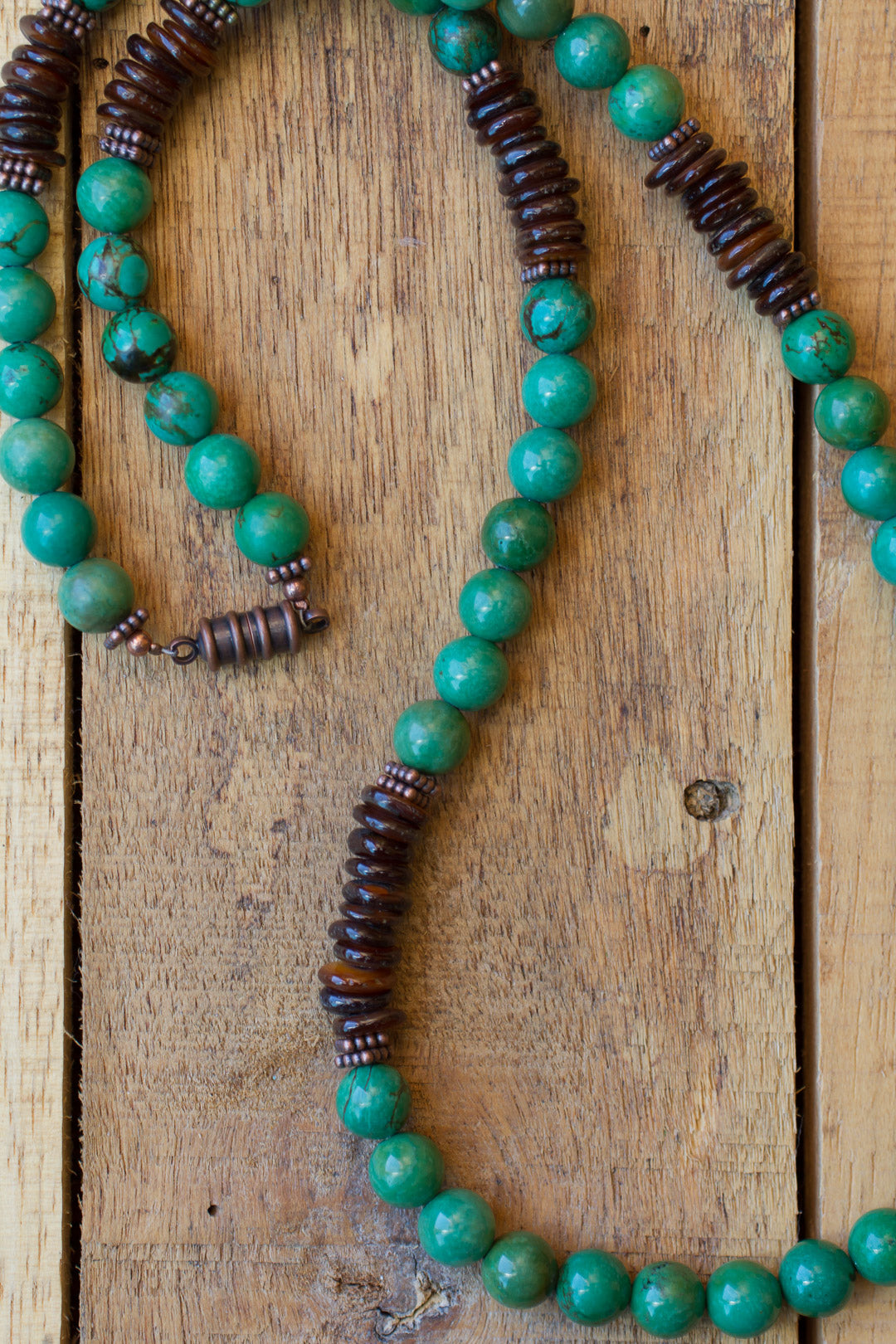 22" Green Turquoise, Brown Shell & Copper Unisex Beaded Necklace