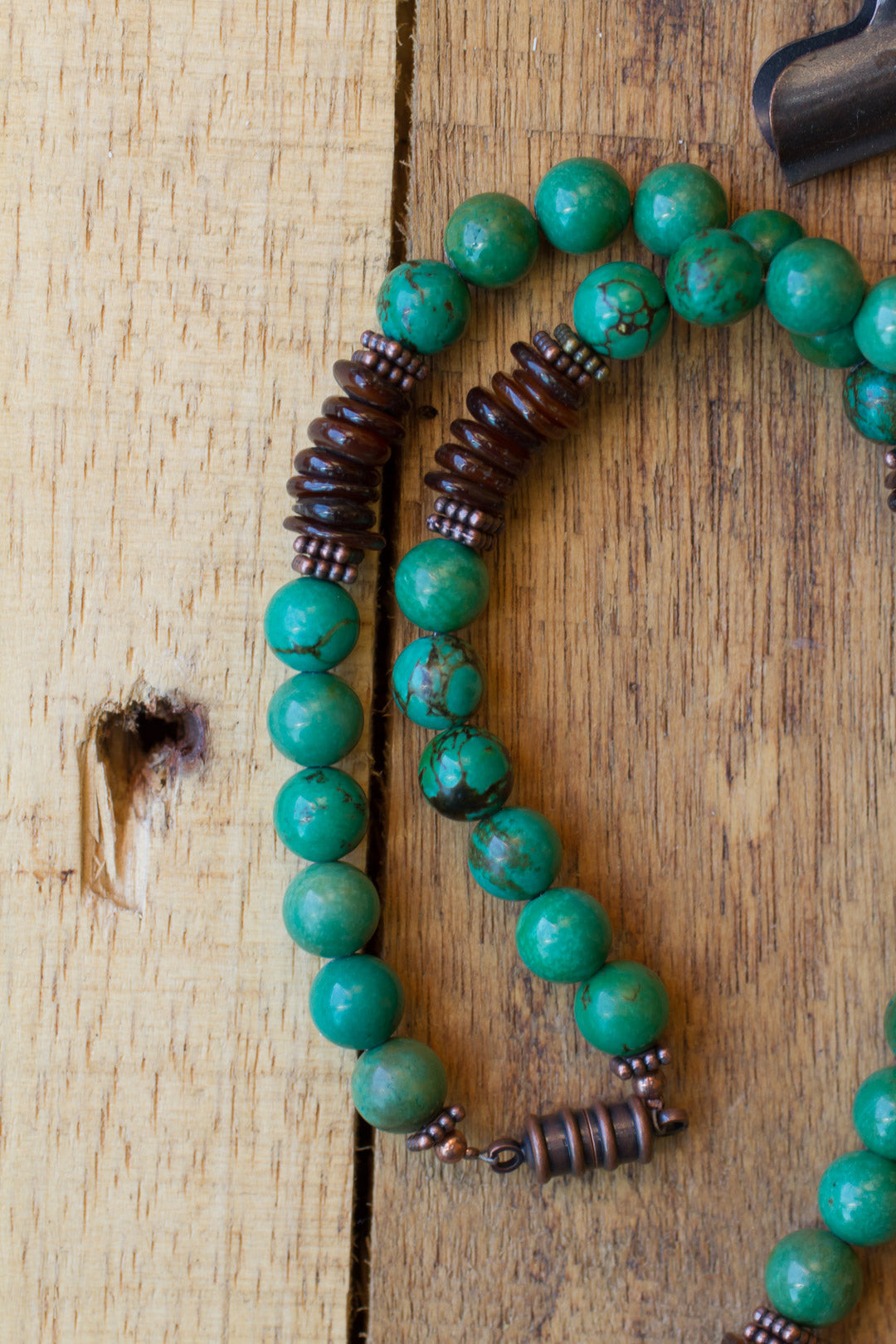 22" Green Turquoise, Brown Shell & Copper Unisex Beaded Necklace - My Urban Gems