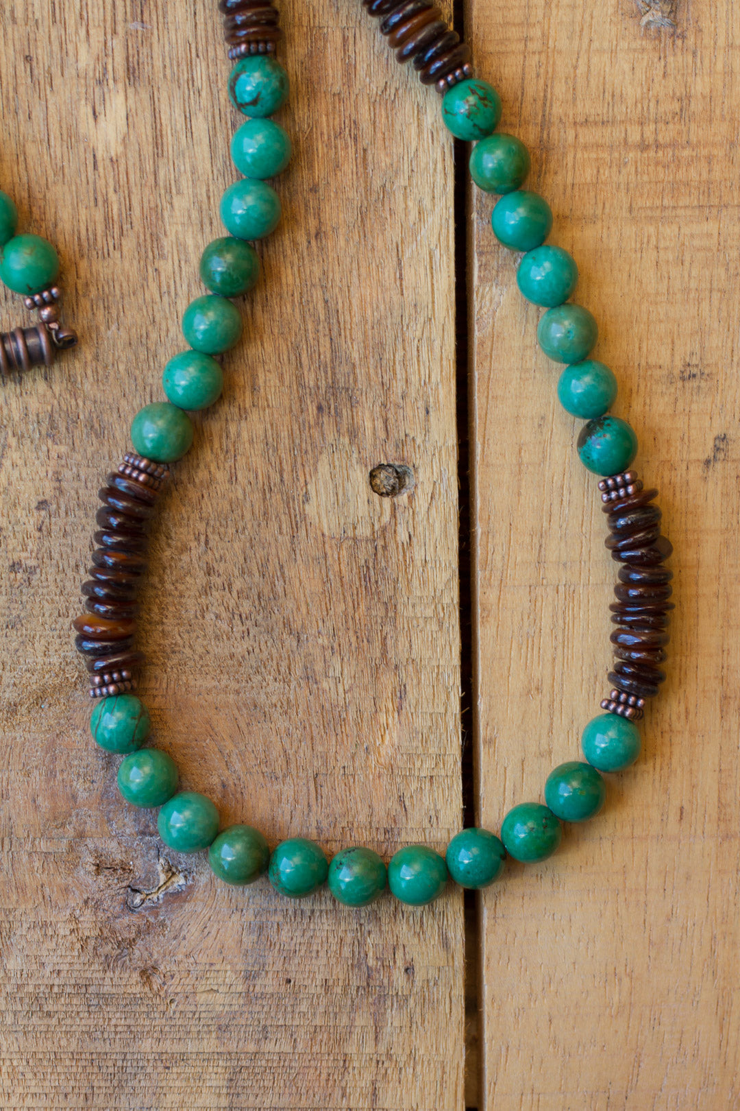 22" Green Turquoise, Brown Shell & Copper Unisex Beaded Necklace