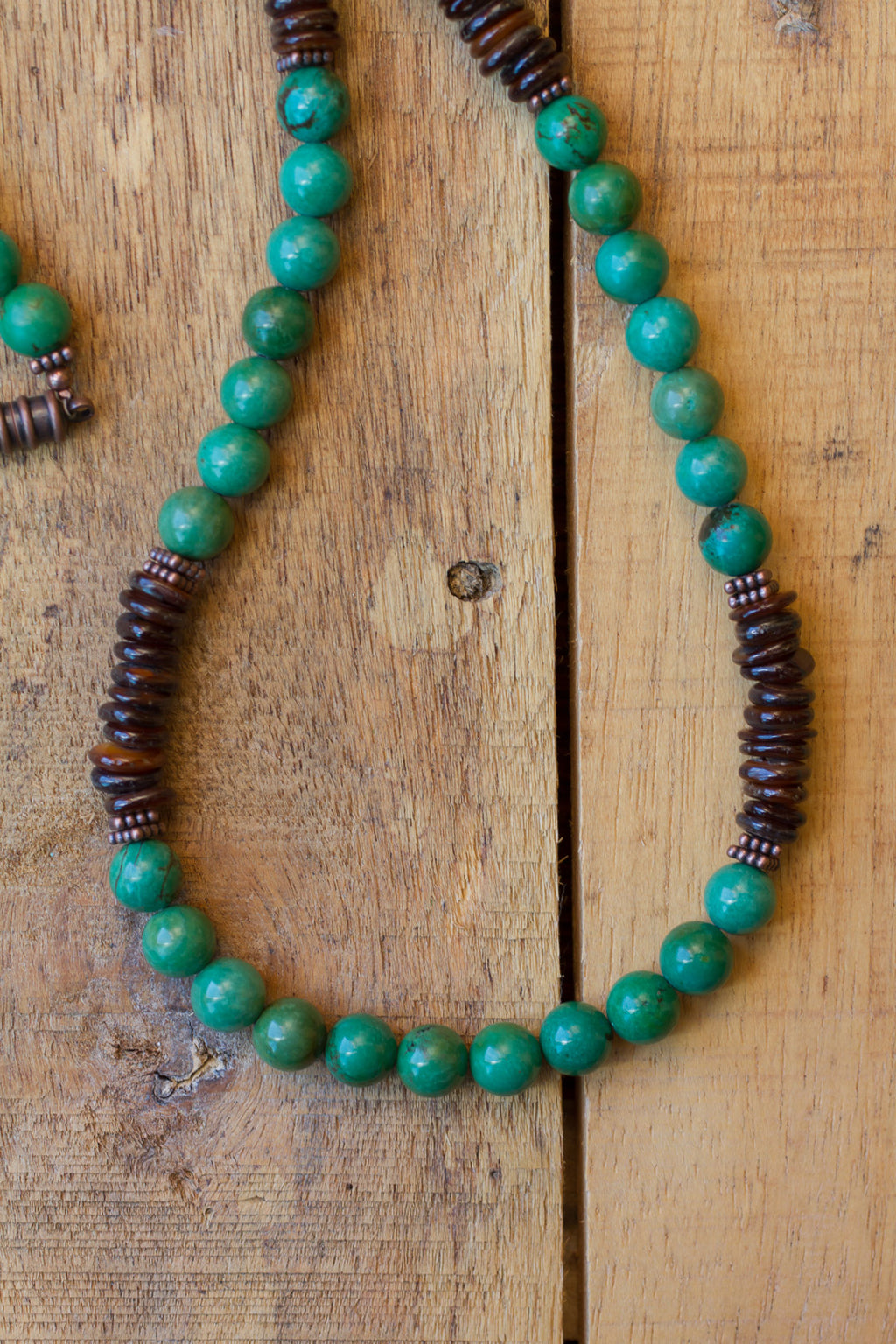 22" Green Turquoise, Brown Shell & Copper Unisex Beaded Necklace - My Urban Gems
