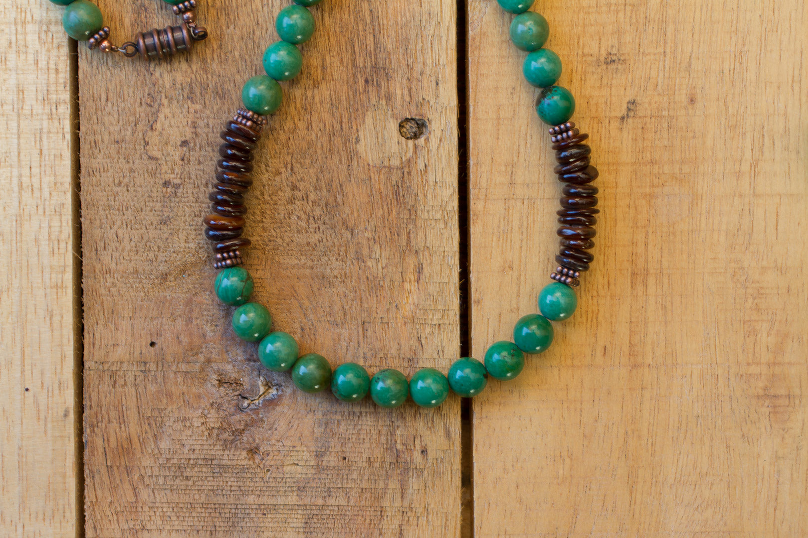 22" Green Turquoise, Brown Shell & Copper Unisex Beaded Necklace - My Urban Gems