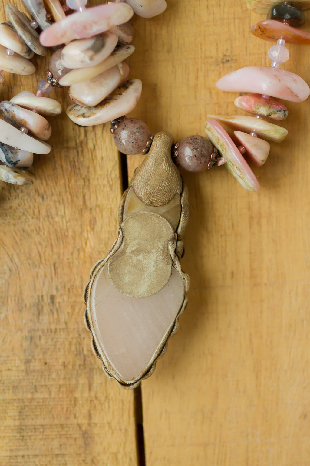 30" Long Rose Quartz & Clay Pendant Necklace with Quartz & Pink Opal Beads - My Urban Gems