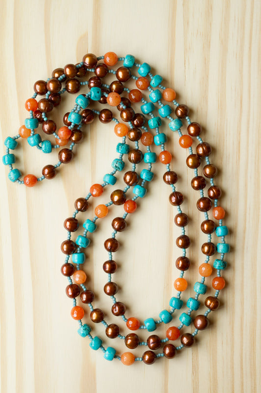 60" Extra Long Brown Freshwater Pearl Beaded Wraparound Necklace with Orange Agate & Turquoise Beads - My Urban Gems