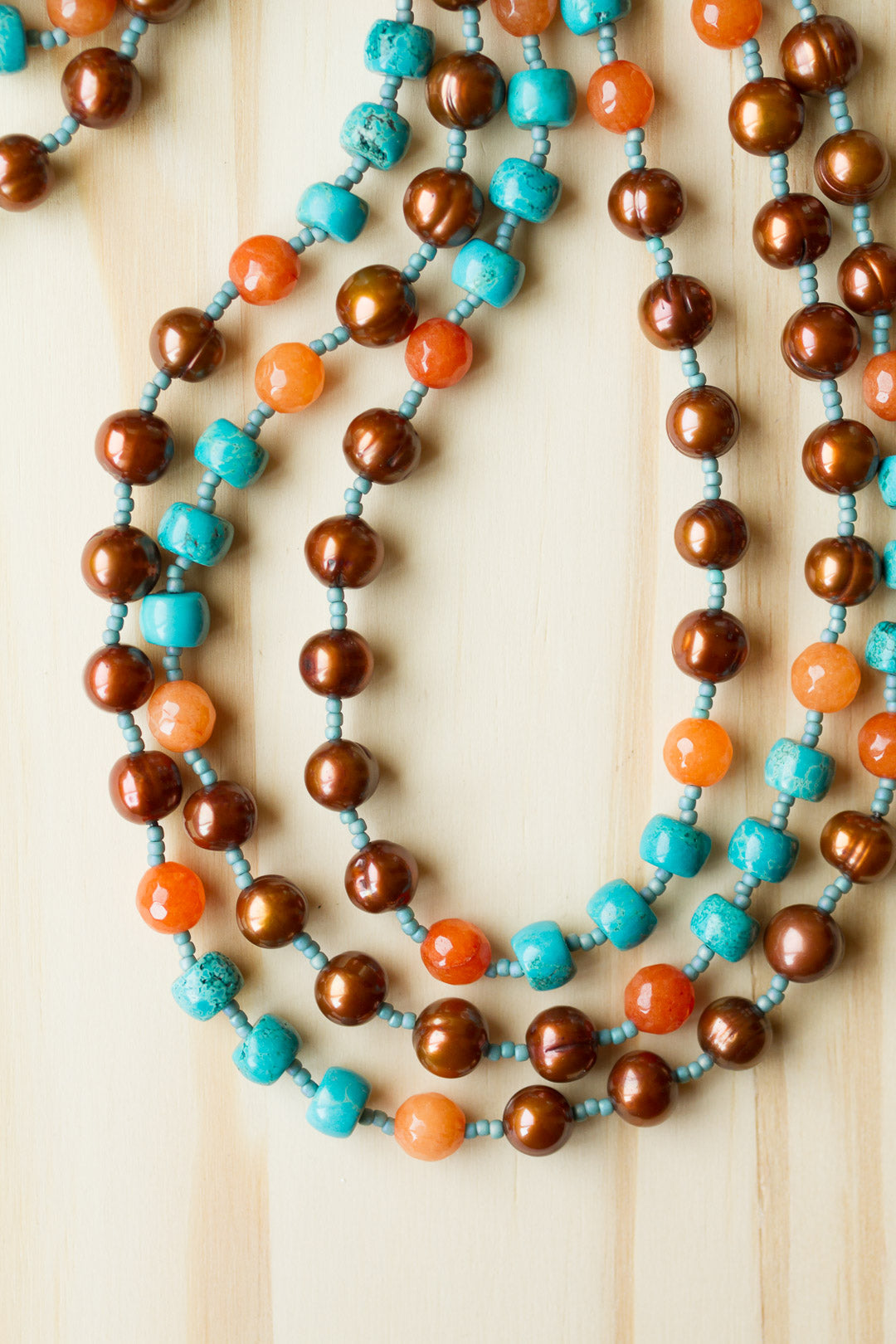 60" Extra Long Brown Freshwater Pearl Beaded Wraparound Necklace with Orange Agate & Turquoise Beads - My Urban Gems