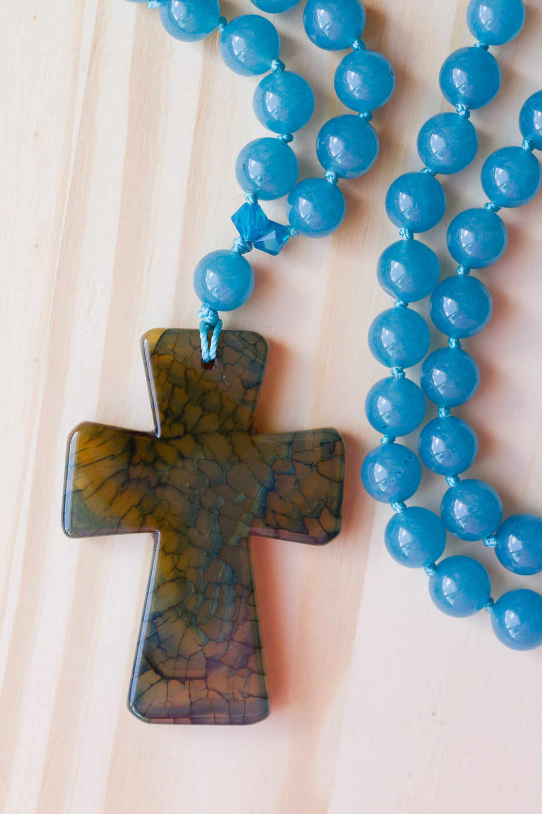 28" Long Dragon Vein Agate Cross Pendant Necklace with Angelite Beads