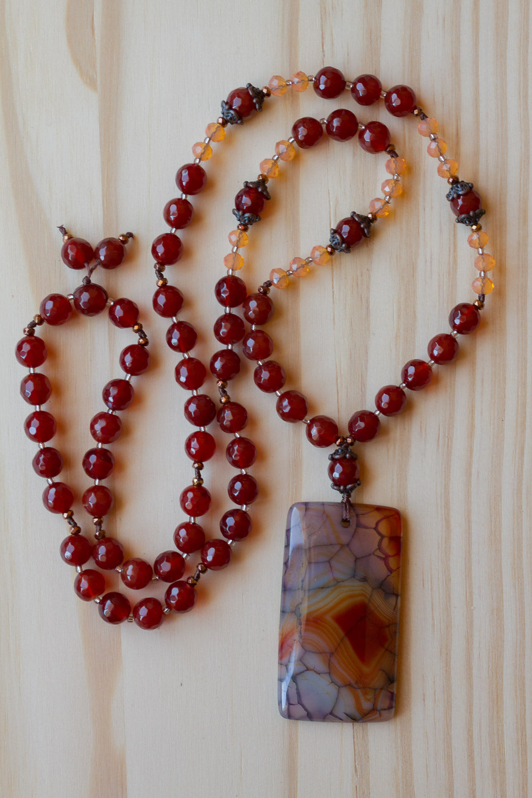 30" Dragon Vein Agate Beaded Pendant Necklace with Red Agate & Peach Crystal Beads