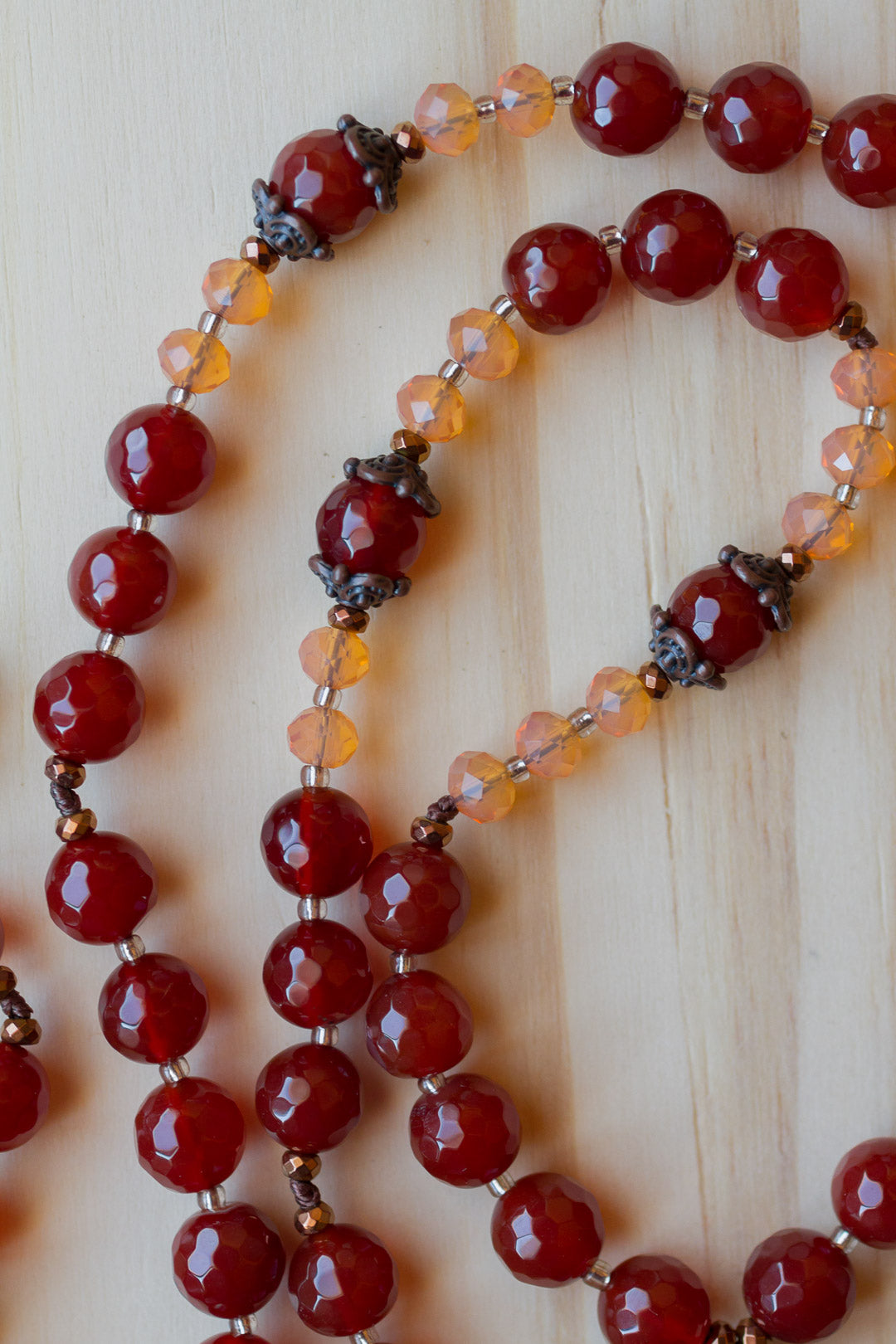 30" Dragon Vein Agate Beaded Pendant Necklace with Red Agate & Peach Crystal Beads