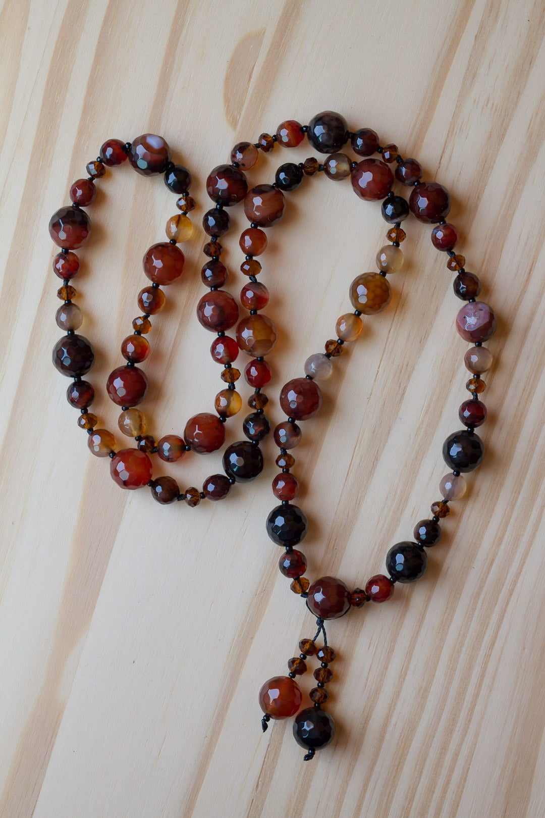 30" Black Brown Agate Beaded Necklace with Crystal Beads - My Urban Gems