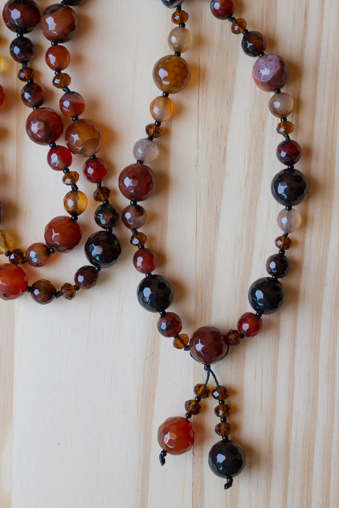 30" Black Brown Agate Beaded Necklace with Crystal Beads