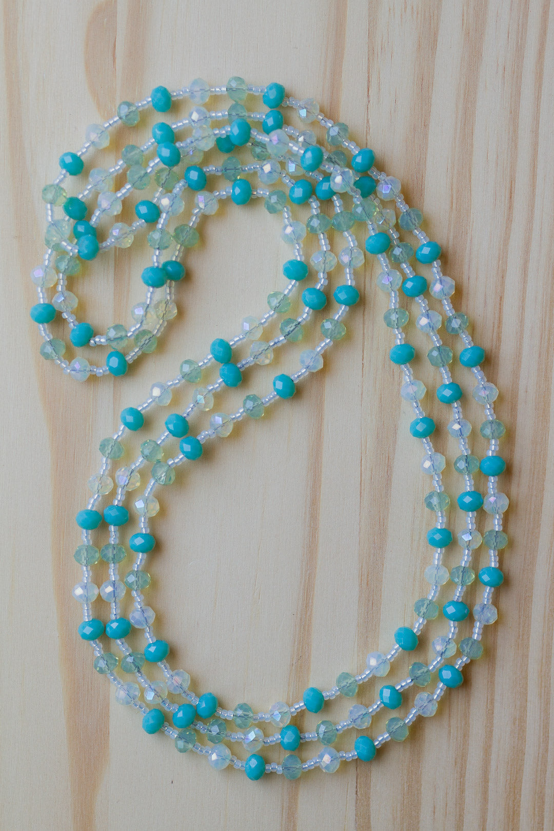 60" Extra Long Wraparound Turquoise, Peridot Green & Pale Lemon Crystal Beaded Necklace