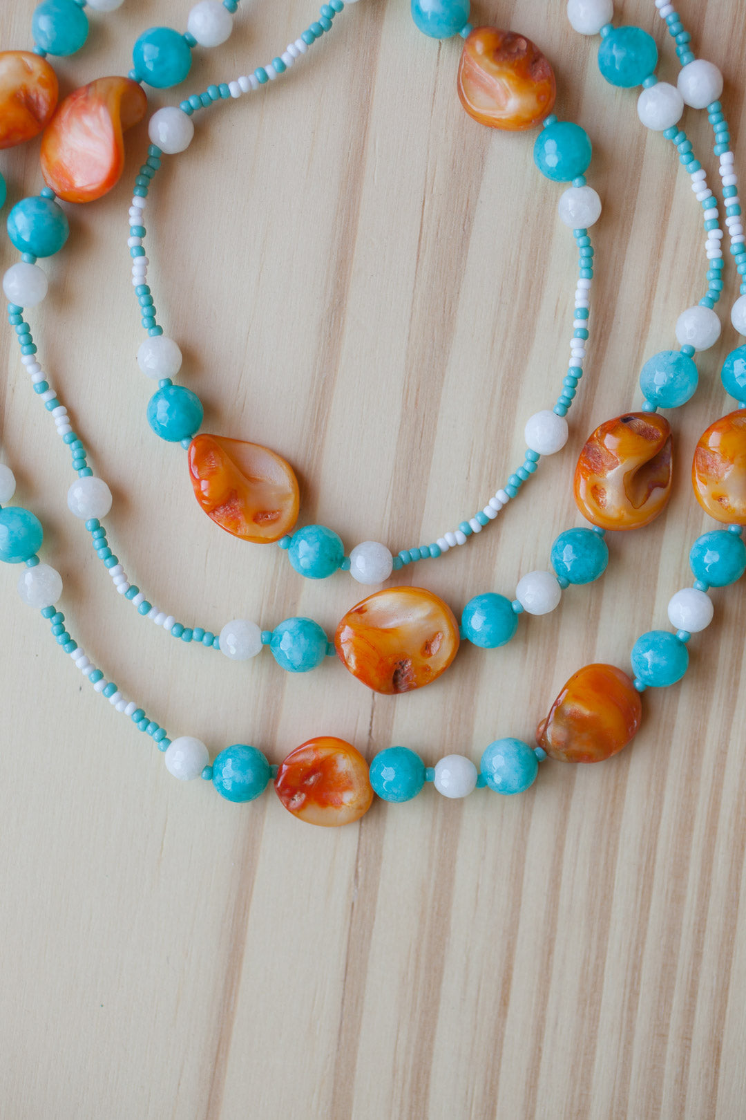 60" Extra Long Orange Shell Beaded Necklace with Turquoise & White Agate Beads
