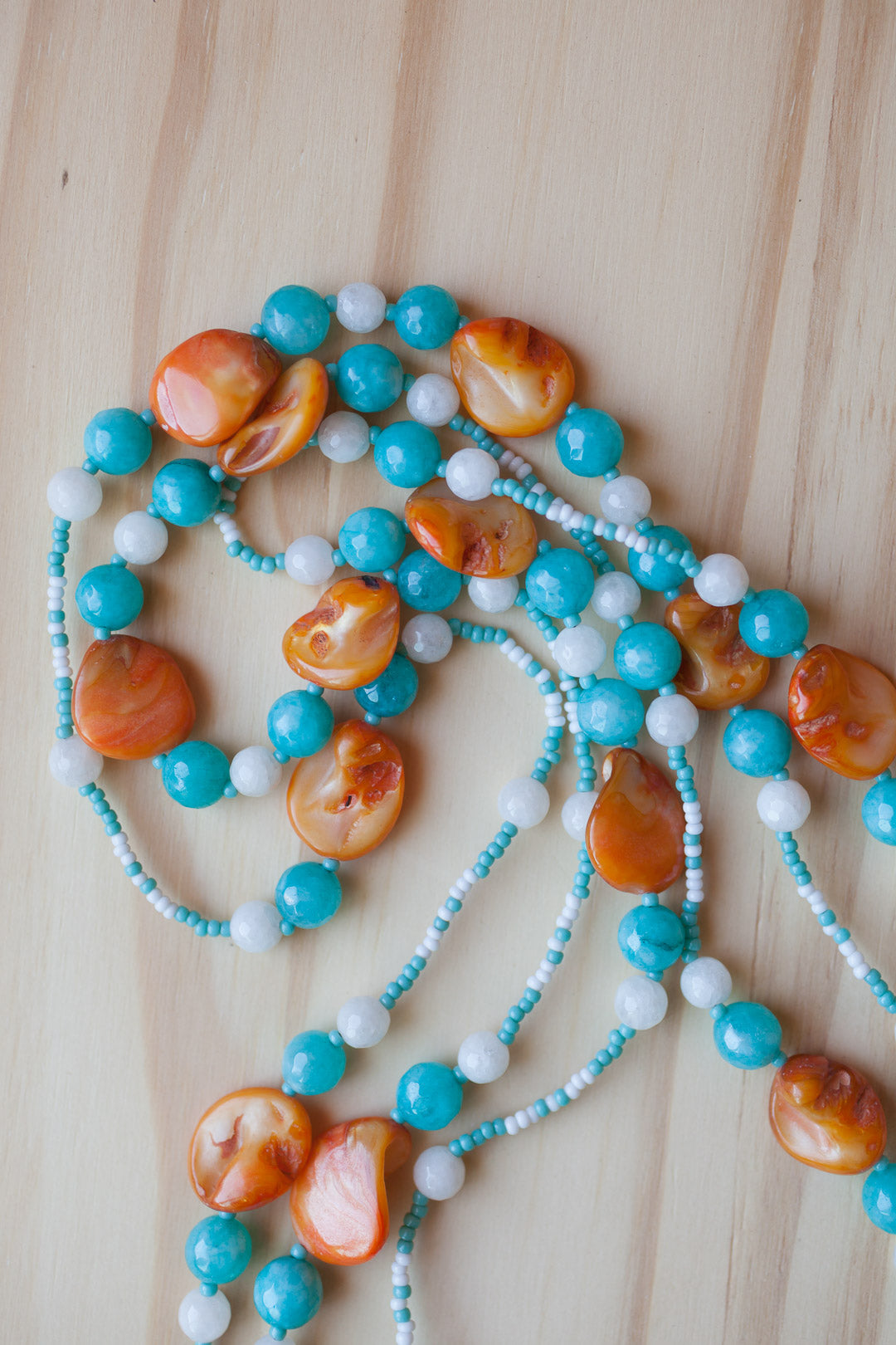 60" Extra Long Orange Shell Beaded Necklace with Turquoise & White Agate Beads