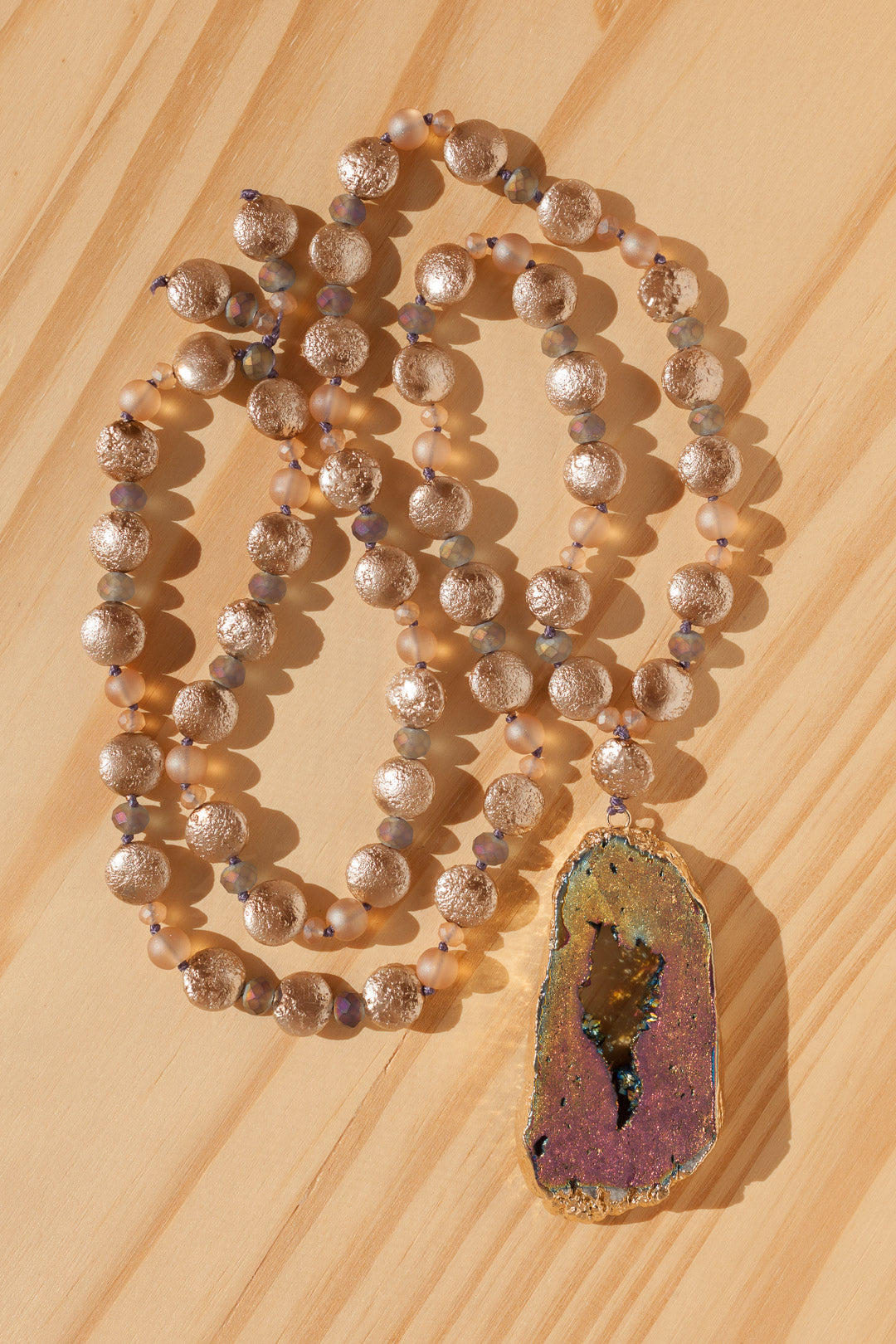 28" Long Titanium Druzy Pendant Beaded Necklace with Czech Glass Beads