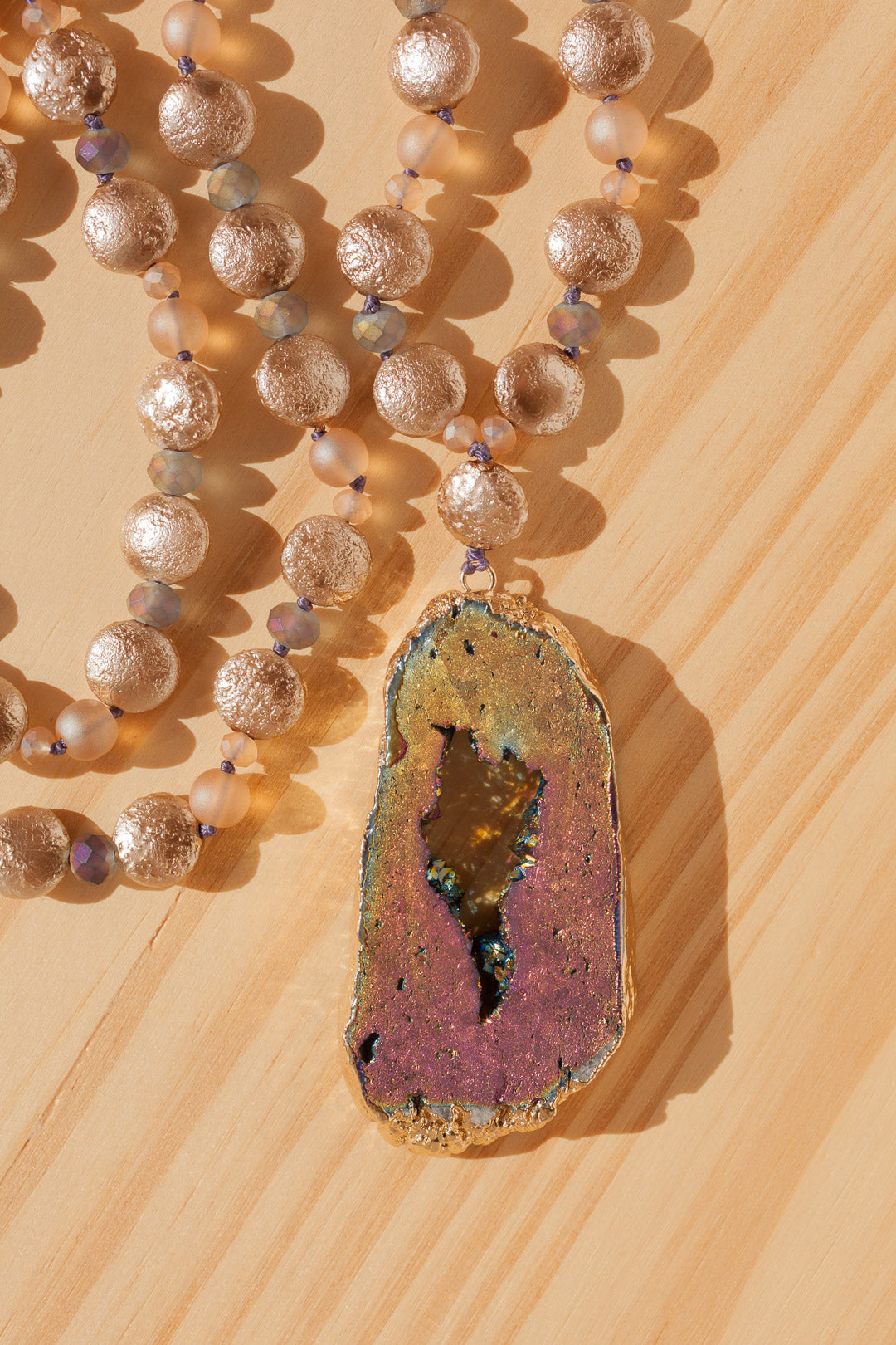 28" Long Titanium Druzy Pendant Beaded Necklace with Czech Glass Beads