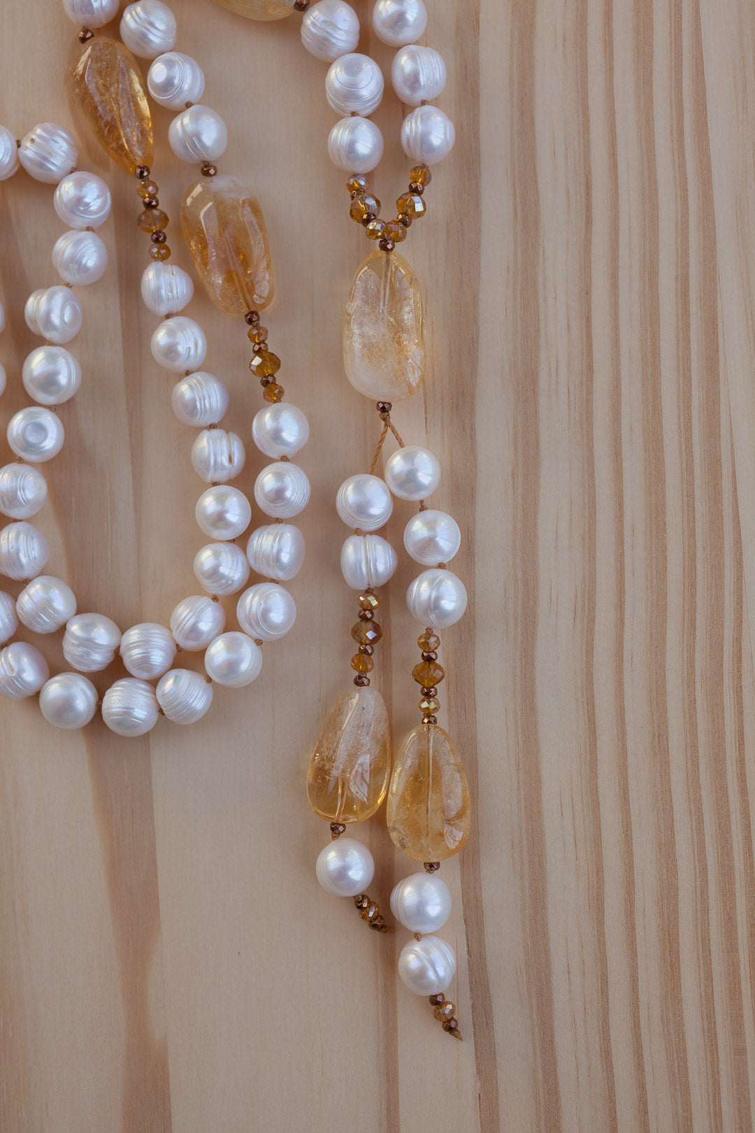 30" Long White Freshwater Pearl & Citrine Beaded Dangle Necklace