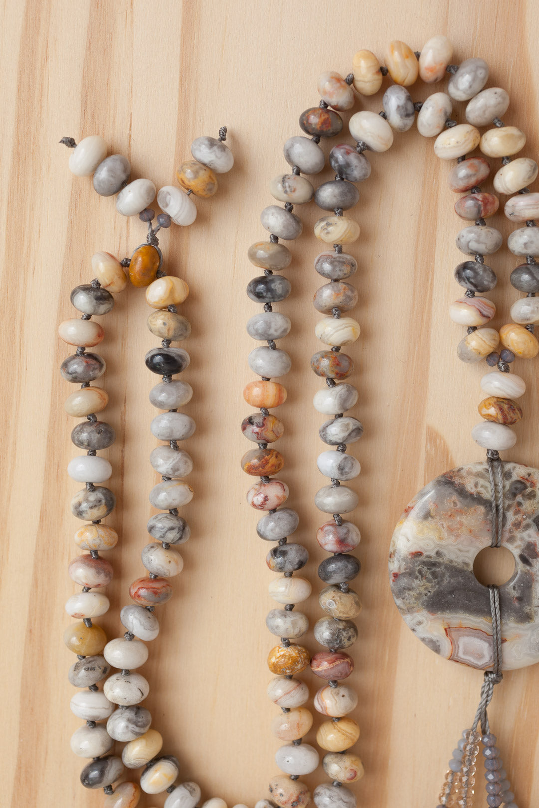 28" Long Crazy Lace Agate Donut Necklace with Agate Rondelle Beads