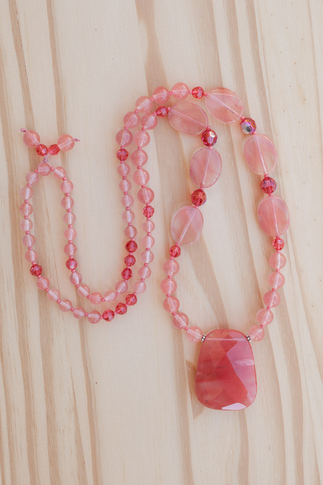 28" Long Cherry Quartz Pendant Necklace with Quartz & Crystal Beads
