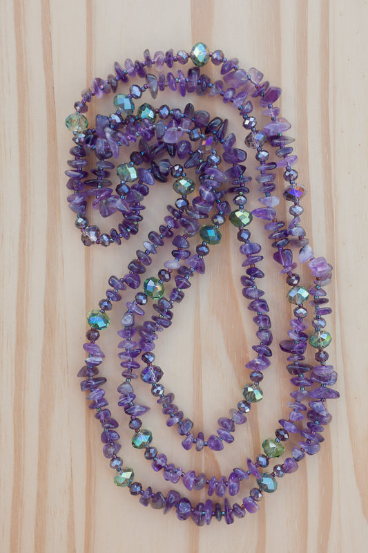 60" Extra Long Beaded Amethyst Chip Necklace with Crystal Beads