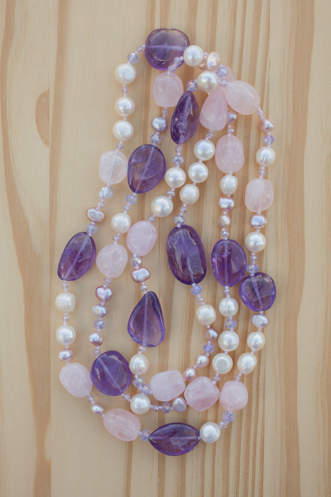 55" Extra Long Amethyst, Rose Quartz, Pearl & Crystal Beaded Necklace