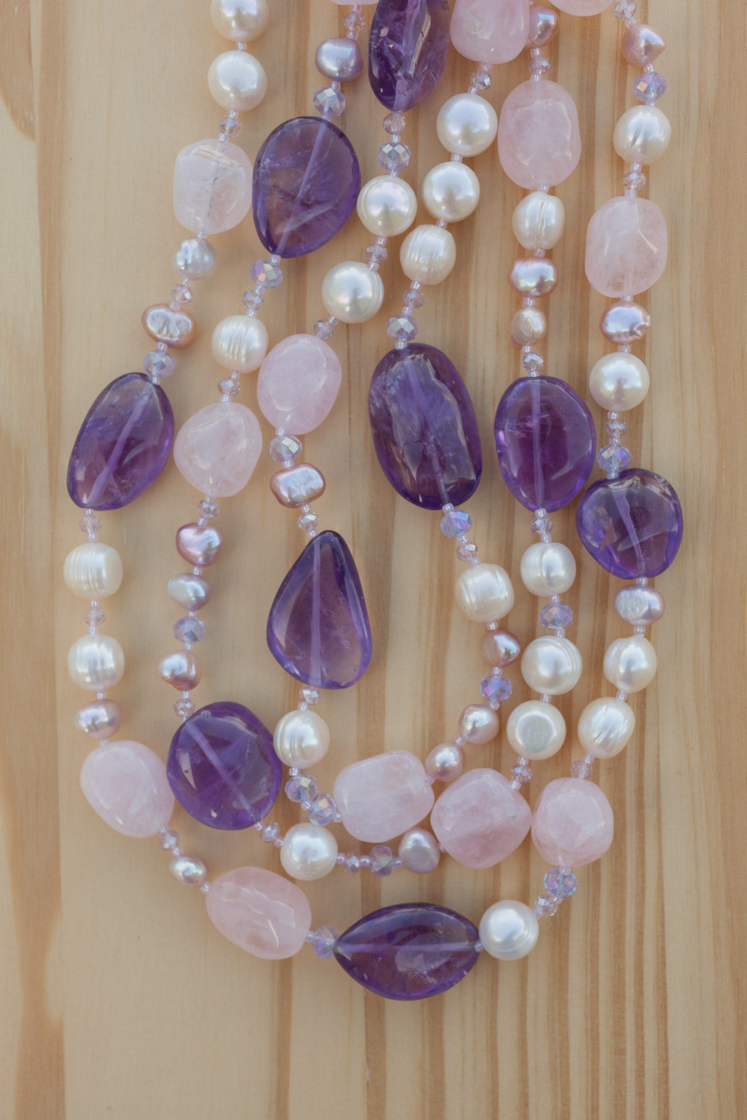 55" Extra Long Amethyst, Rose Quartz, Pearl & Crystal Beaded Necklace