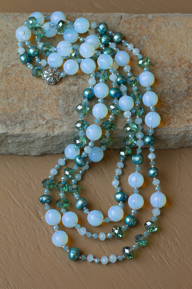 60" Opalite, Teal Pearl & Crystal Necklace