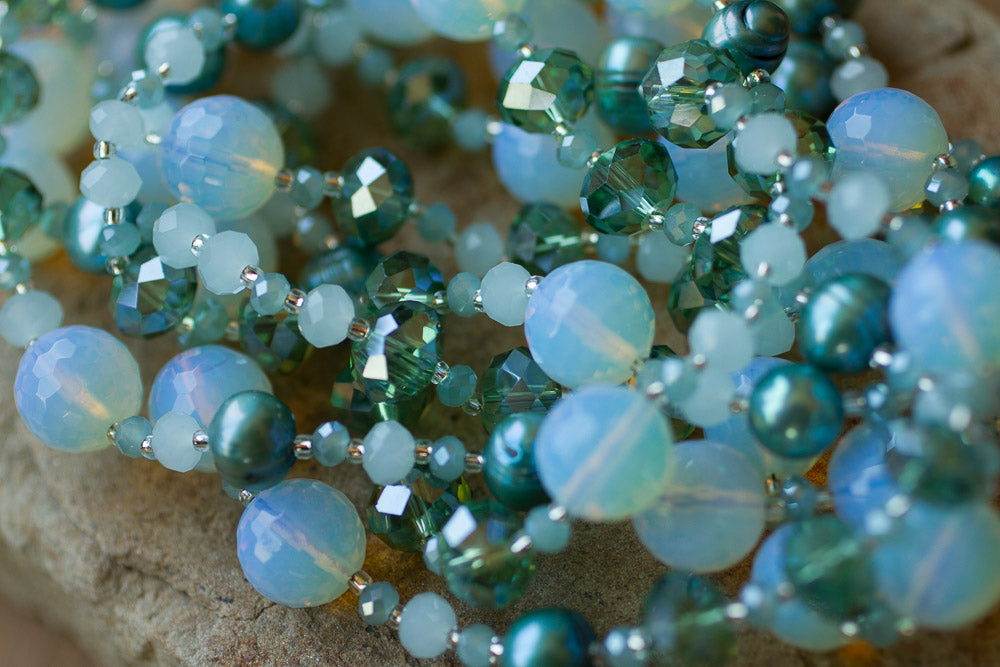 60" Opalite, Teal Pearl & Crystal Necklace