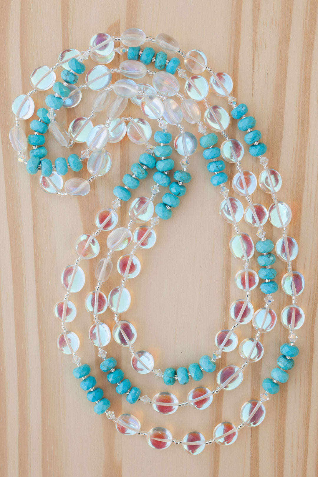 60" Extra Long Beaded Wraparound Necklace with Mystic Aura Quartz Turquoise & Crystal Beads - My Urban Gems