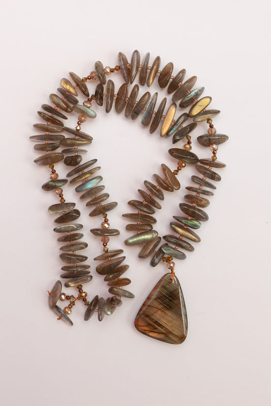 28" Long Labradorite Beaded Pendant Necklace with Labradorite Tumbled Chip Beads and Crystal Accents