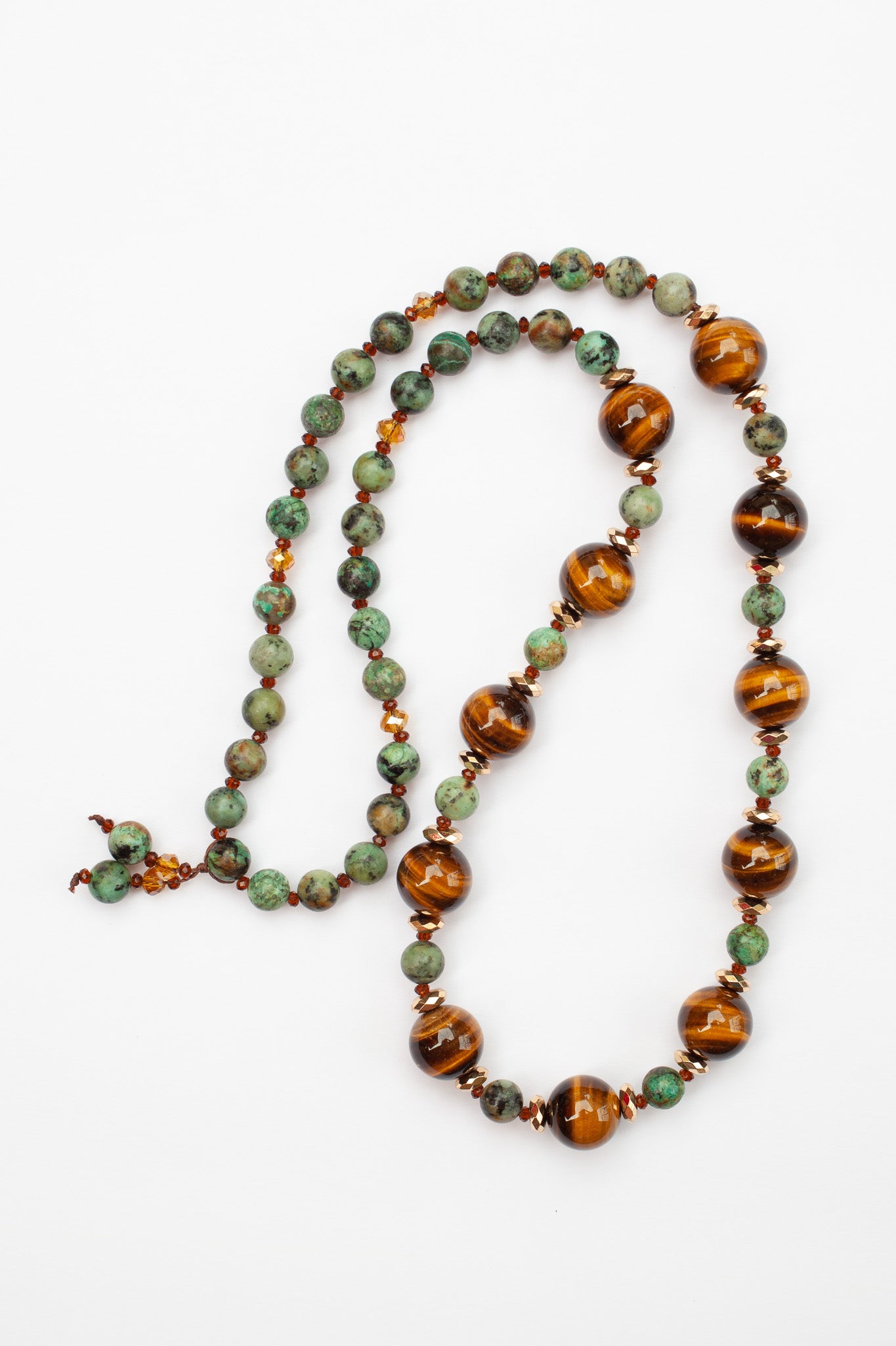 28" Long Tiger Eye & African Turquoise Beaded Necklace