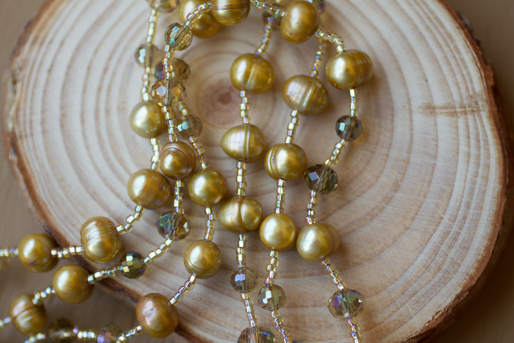 46" Long Gold Freshwater Pearl & Crystal Beaded Necklace