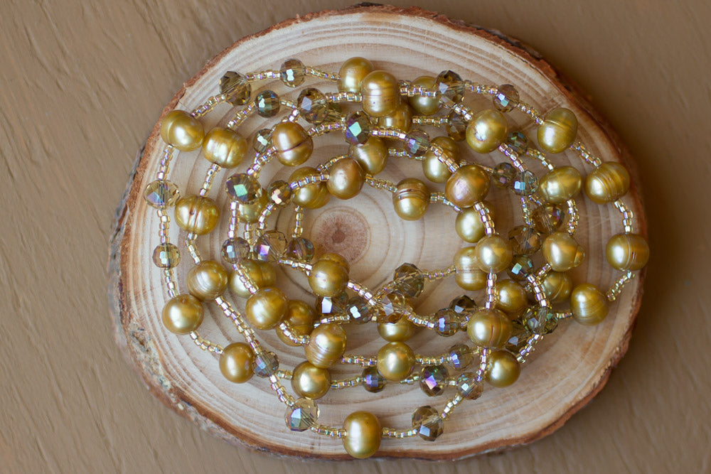 46" Long Gold Freshwater Pearl & Crystal Beaded Necklace