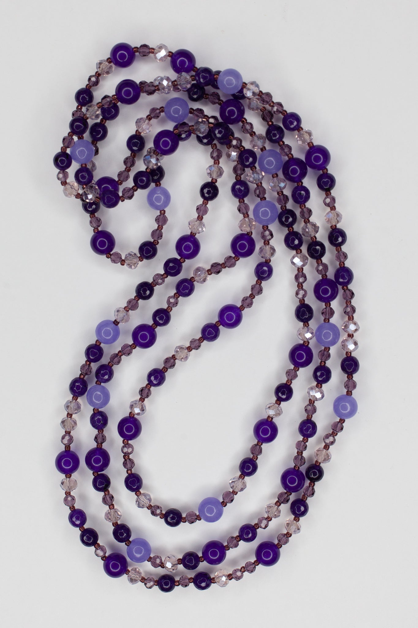 60" Extra Long Wraparound Beaded Purple Jade Necklace with Crystal Beads