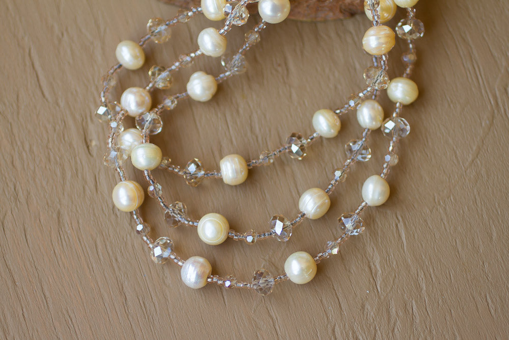 45" Light Gold Colored Freshwater Pearl & Crystal Necklace